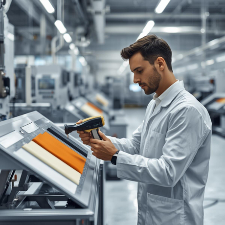 A modern high-tech manufacturing environment showing a quality control engineer using a handheld spectrophotometer to measure color on a piece of fabric on the product panel. The scene includes factory machines, or.jpg