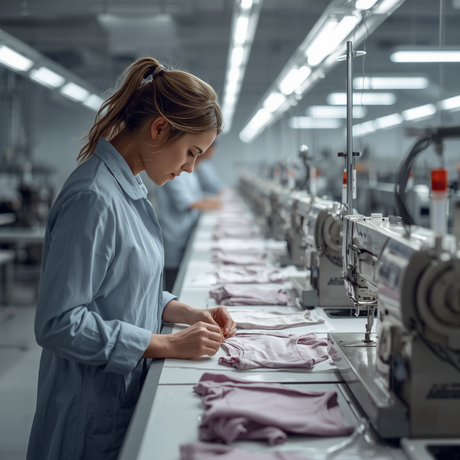A modern underwear manufacturing facility showing a quality-focused production line. In the foreground, a technician carefully inspects fabric and stitching under bright industrial lighting. Nearby sewing machines .jpg