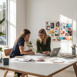 A brand office setting. Designers looking at sketches on a laptop. A mood board on the wall. Clean desk. Creative atmosphere..jpg