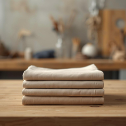 A neatly folded stack of neutral-color underwear in the foreground on a worktable. In the background, slightly out of focus, elements of glo.jpg