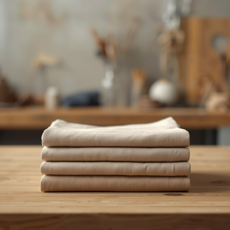 A neatly folded stack of neutral-color underwear in the foreground on a worktable. In the background, slightly out of focus, elements of glo.jpg