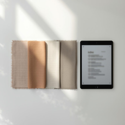 A clean, professional flat-lay scene showing 3 fabric samples placed orderly, side by side on a desk. Next to them, include a tablet with a blurred checklist. lightcolored background.jpg