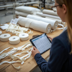A clean factory production scene showing rolls of elastic, lace trims, and fabric on a cutting table, with a production manager reviewing a tech pack and payment documents on a tablet. The image should visually con.jpg