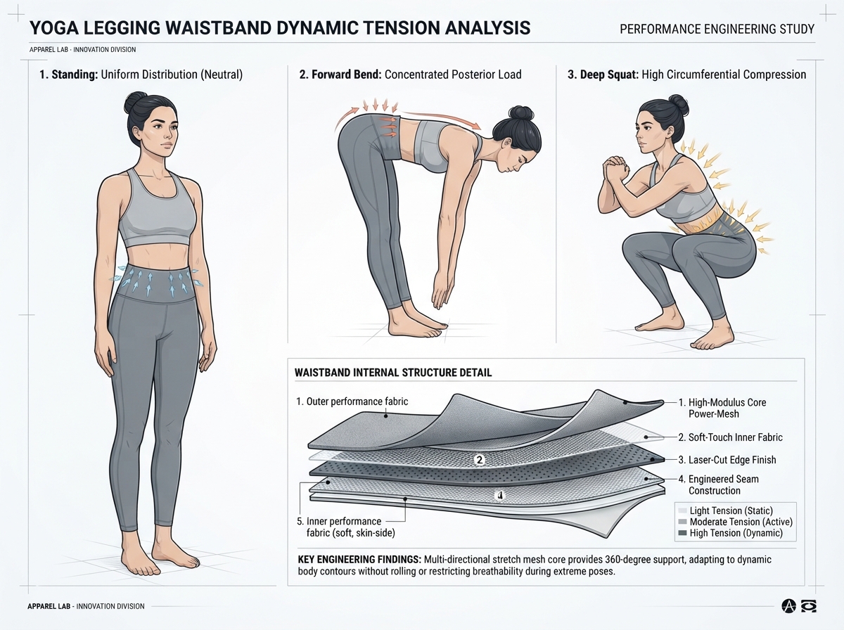 Professional apparel engineering illustration showing a yoga legging