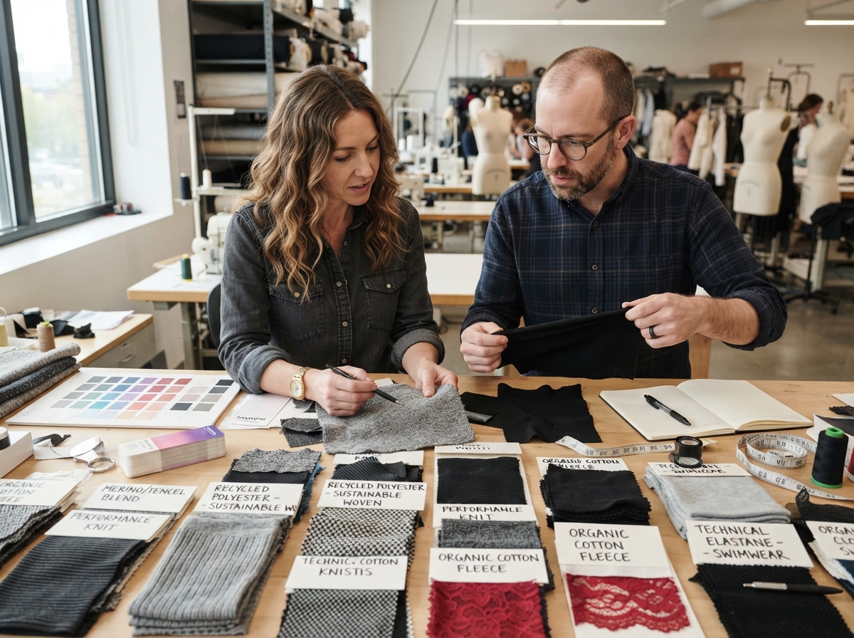 textile engineer examining several custom fabric swatches 