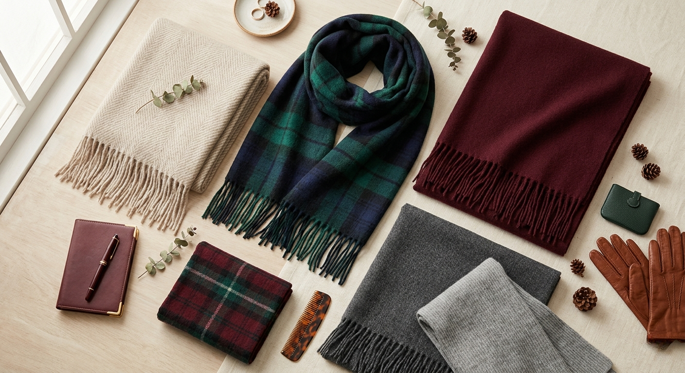 A collection of wool and cashmere scarves in neutral and seasonal colors arranged on a flat surface.