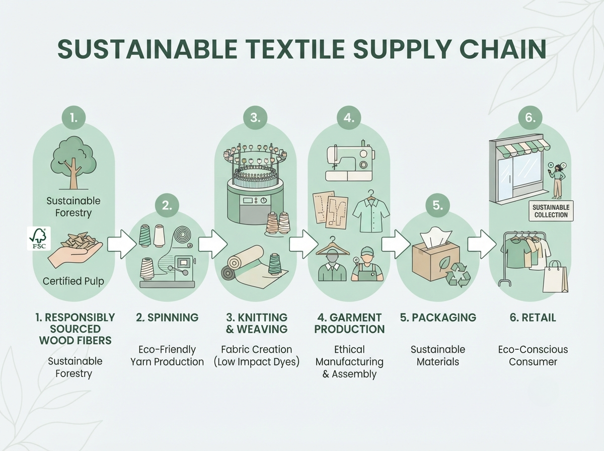 Illustration of a sustainable underwear supply chain from responsibly sourced fibers to finished garments.