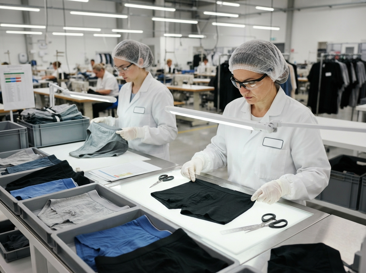 Inspectors examine stitching, waistband elasticity, fabric quality, and finished underwear