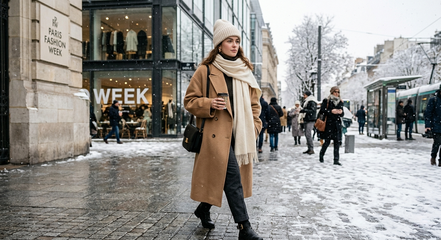 Person wearing a cream knit beanie, gray overcoat, and scarf while walking through a snowy city street.