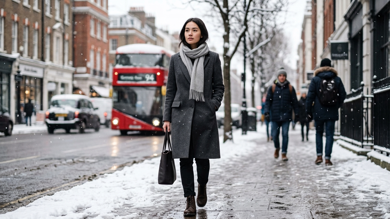 A person wearing a charcoal wool coat and a soft gray merino wool scarf
