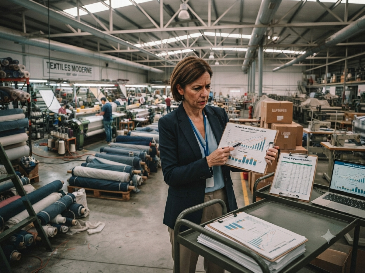 A factory manager reviewing rising production costs