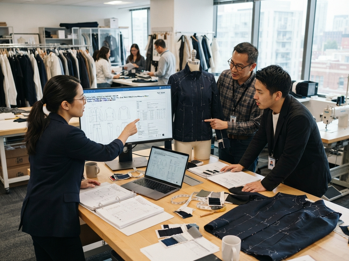 A garment technician reviewing digital tech packs