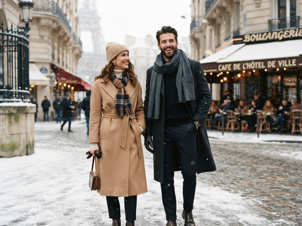 A fashionable man and woman wearing different scarves