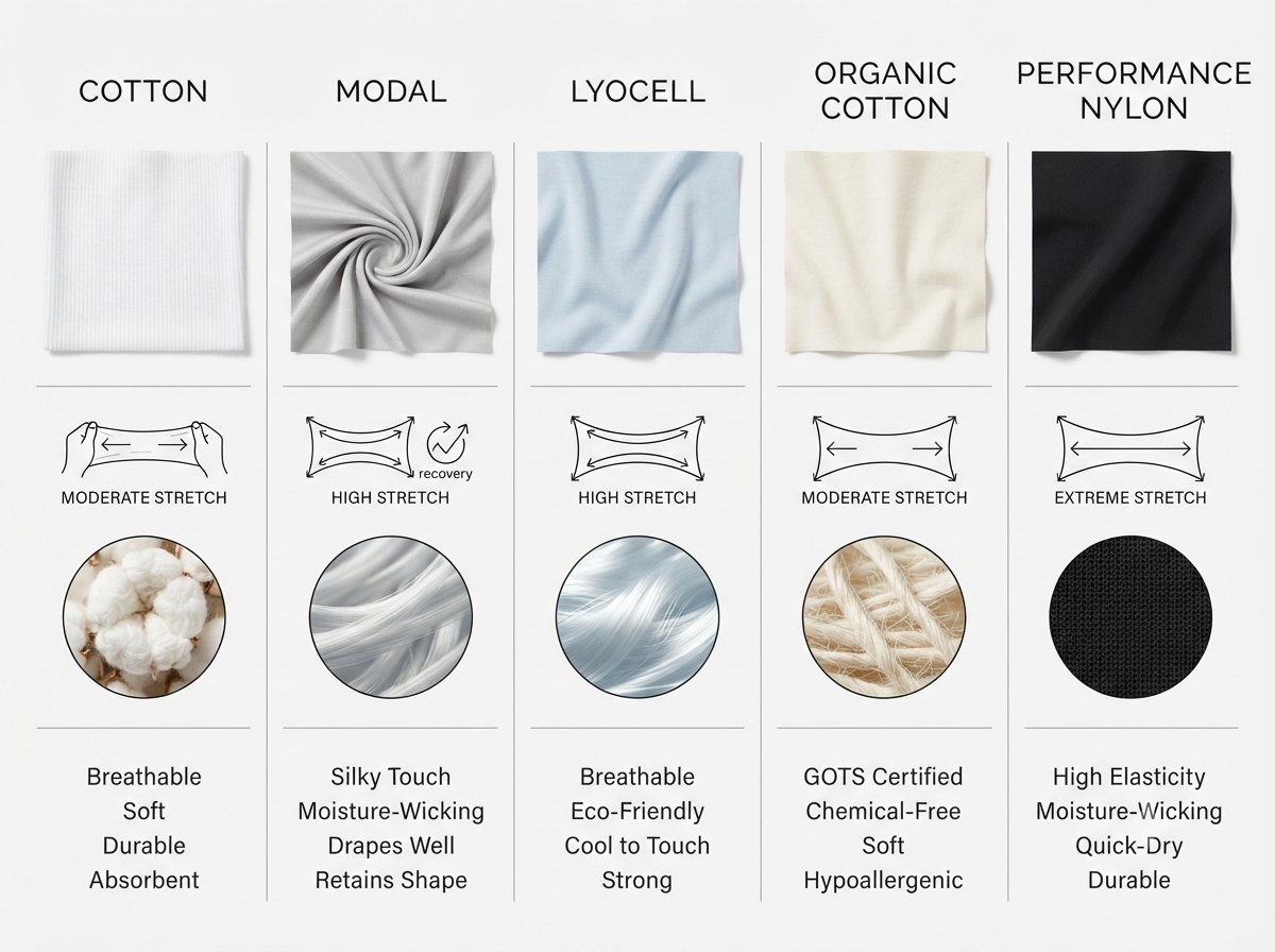 Infographic of cotton, modal, lyocell, organic cotton, and performance synthetic fabrics comparison.