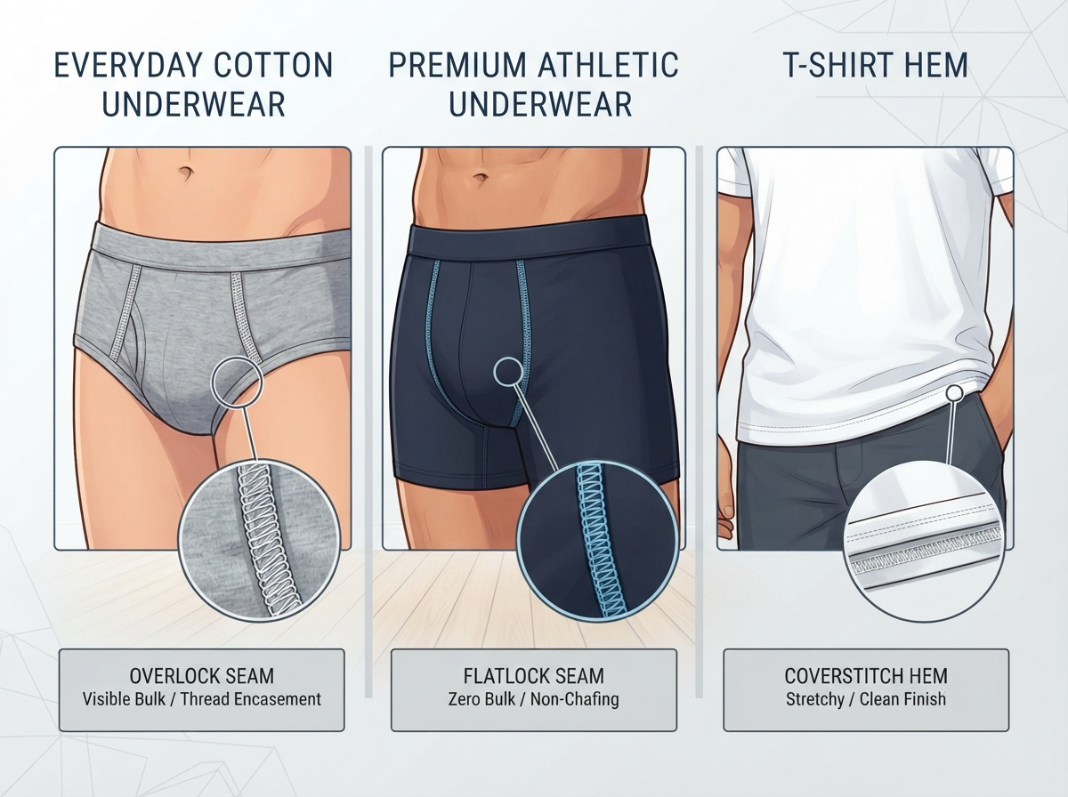 A cutaway illustration comparing underwear with overlock seams, athletic underwear with flatlock seams, and a T-shirt hem using coverstitch