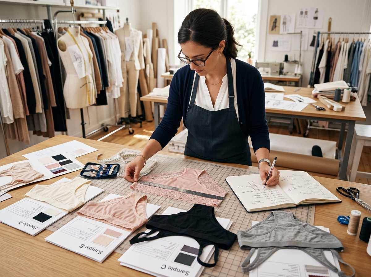 A fashion designer comparing multiple underwear prototype samples