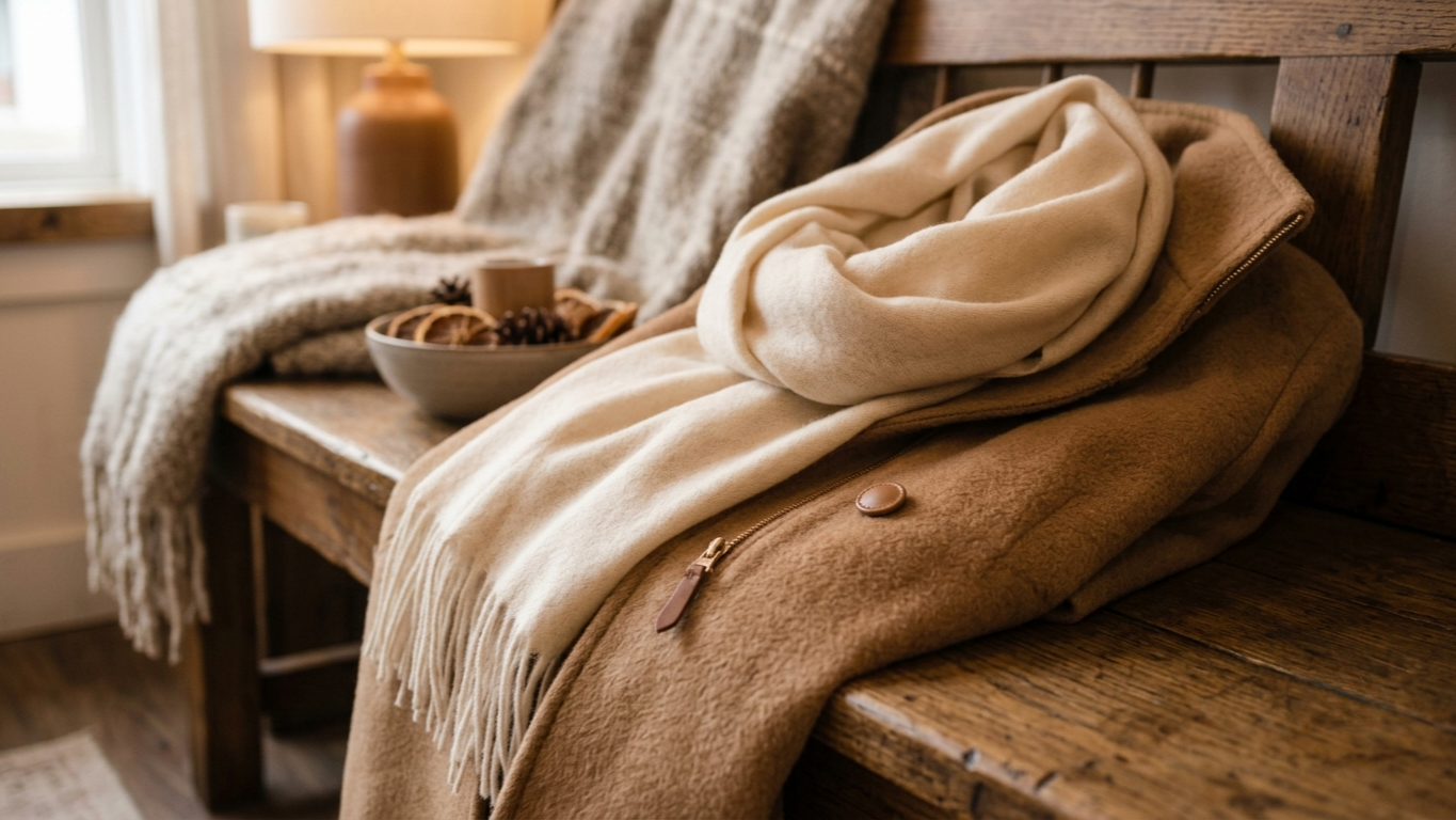 a cream cashmere scarf draped over a camel wool coat on a wooden bench