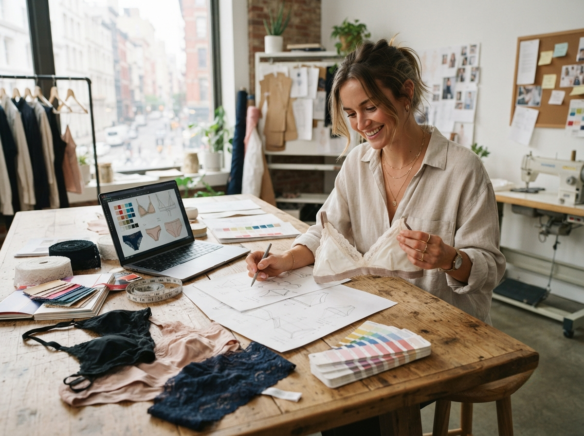 A young entrepreneur reviewing underwear samples 