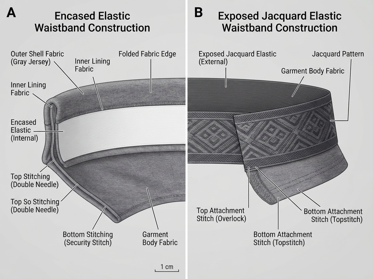 Cross-section illustration of an encased elastic waistband and an exposed jacquard elastic waistband