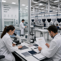 A modern textile laboratory and underwear production facility combined into one scene. In the foreground, technicians wearing clean lab coats inspect fabric samples and certification documents beside microscopes an.jpg