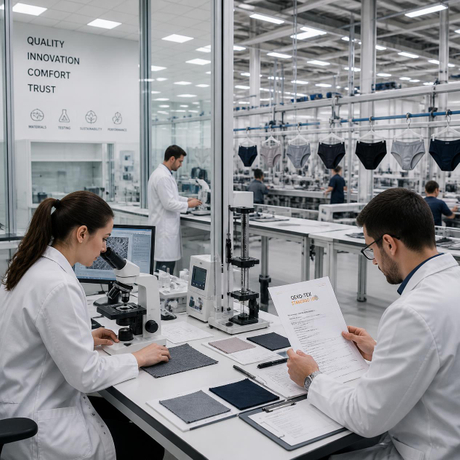 A modern textile laboratory and underwear production facility combined into one scene. In the foreground, technicians wearing clean lab coats inspect fabric samples and certification documents beside microscopes an.jpg