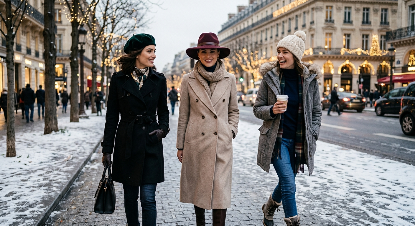 Woman wearing a camel wool coat and wide-brim felt hat in an urban winter setting.