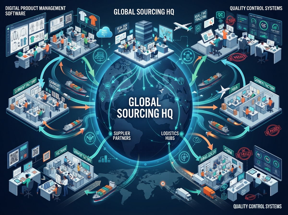 A global apparel sourcing network showing multiple garment factories