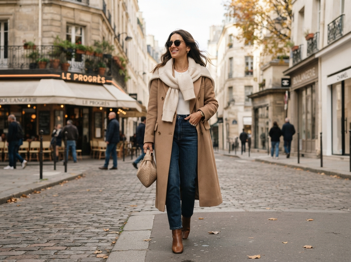 a cream knit sweater draped over the shoulders like a scarf