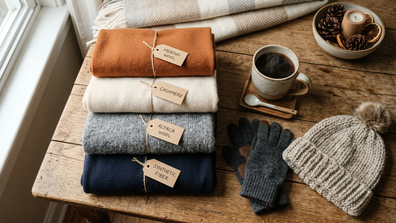 scarves made from merino wool, cashmere, alpaca, and synthetic fibers arranged on a wooden table