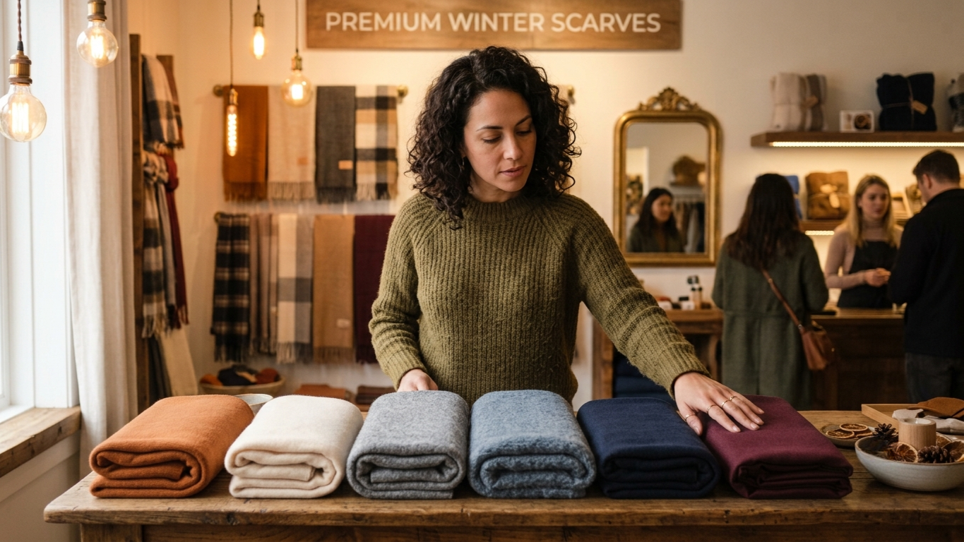 A shopper examining several winter scarves in a boutique