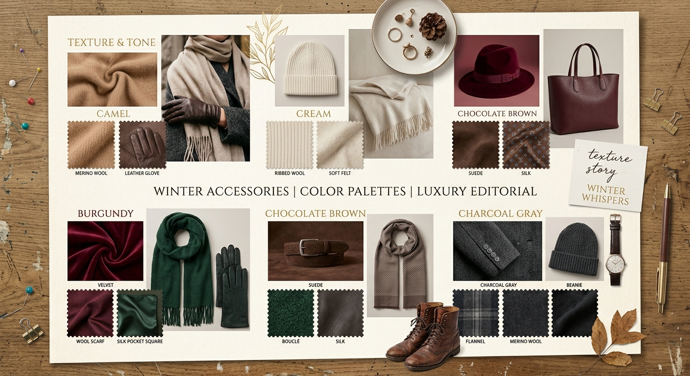 Winter fashion accessories displayed in camel, gray, burgundy, cream, and forest green color palettes.