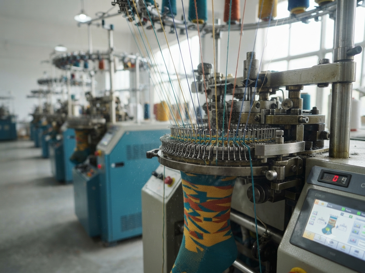Modern computerized sock knitting machines producing colorful socks