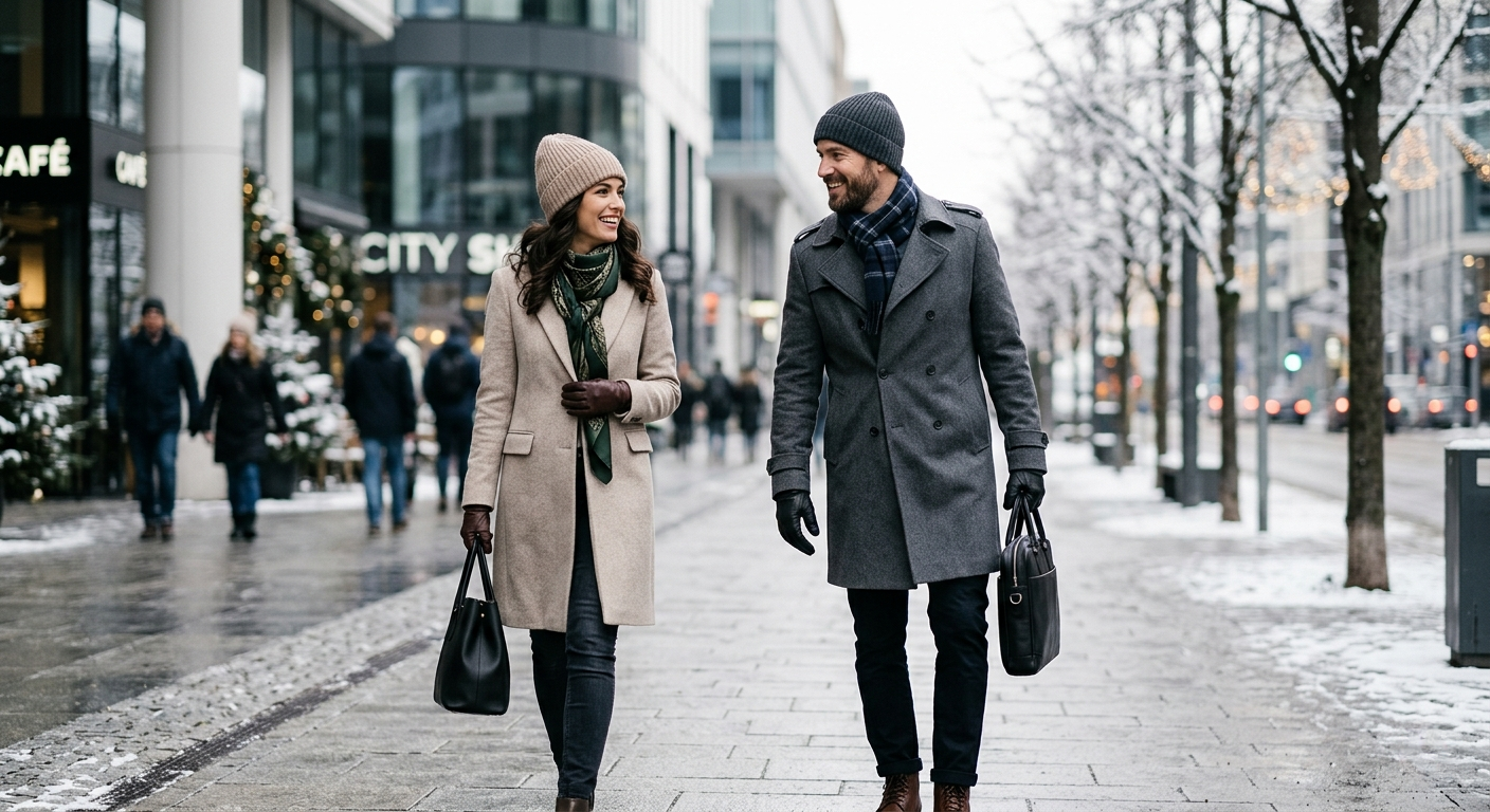 Fashionable man and woman walking through a winter city street wearing coats, scarves, beanies, and gloves.