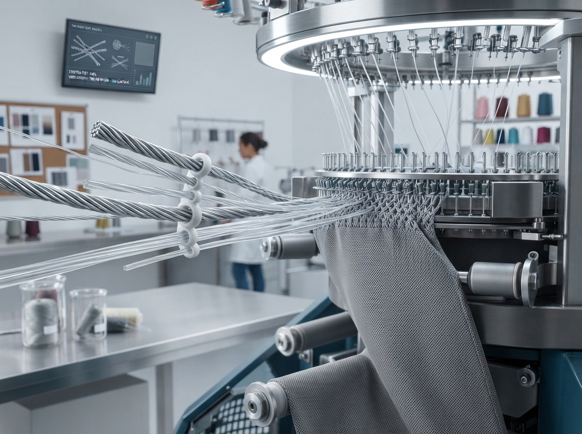 fine multi-filament nylon yarn and elastane fibers being knitted into premium yoga-legging fabric