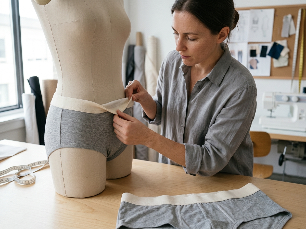 a designer inspecting a soft elastic waistband