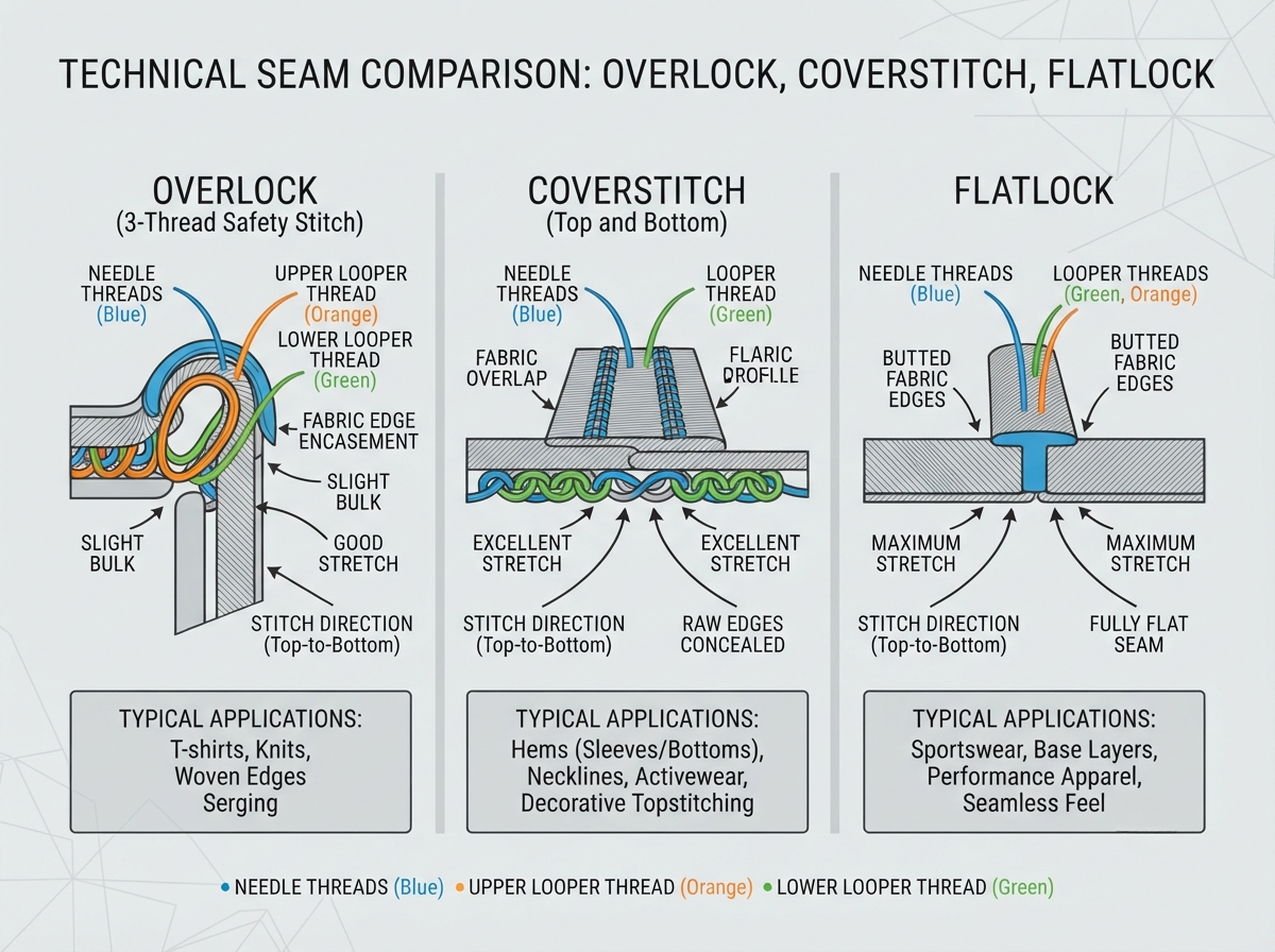 technical illustration showing the cross-sections of Overlock, Coverstitch, and Flatlock seams