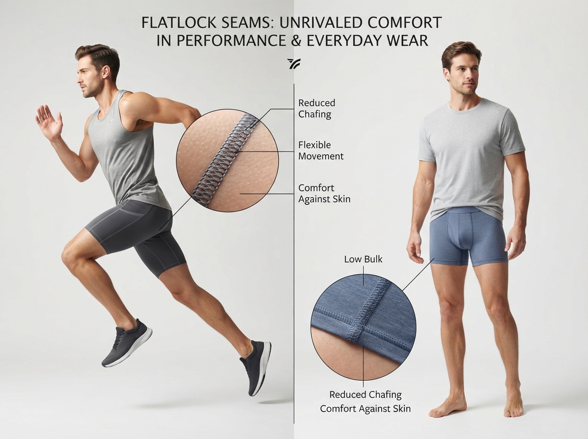 a split-scene illustration showing flatlock seams in use