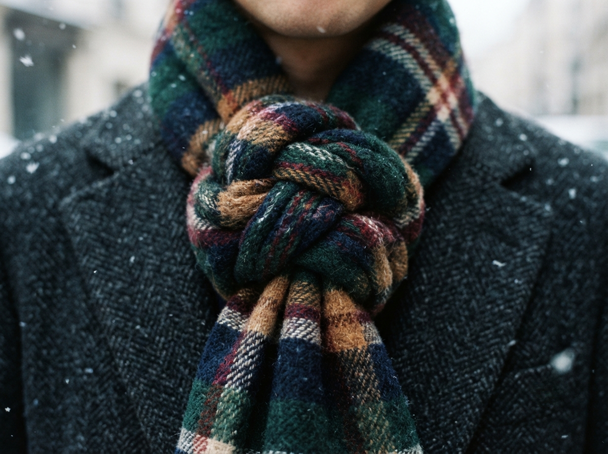 A thick plaid wool scarf tied in a braided knot